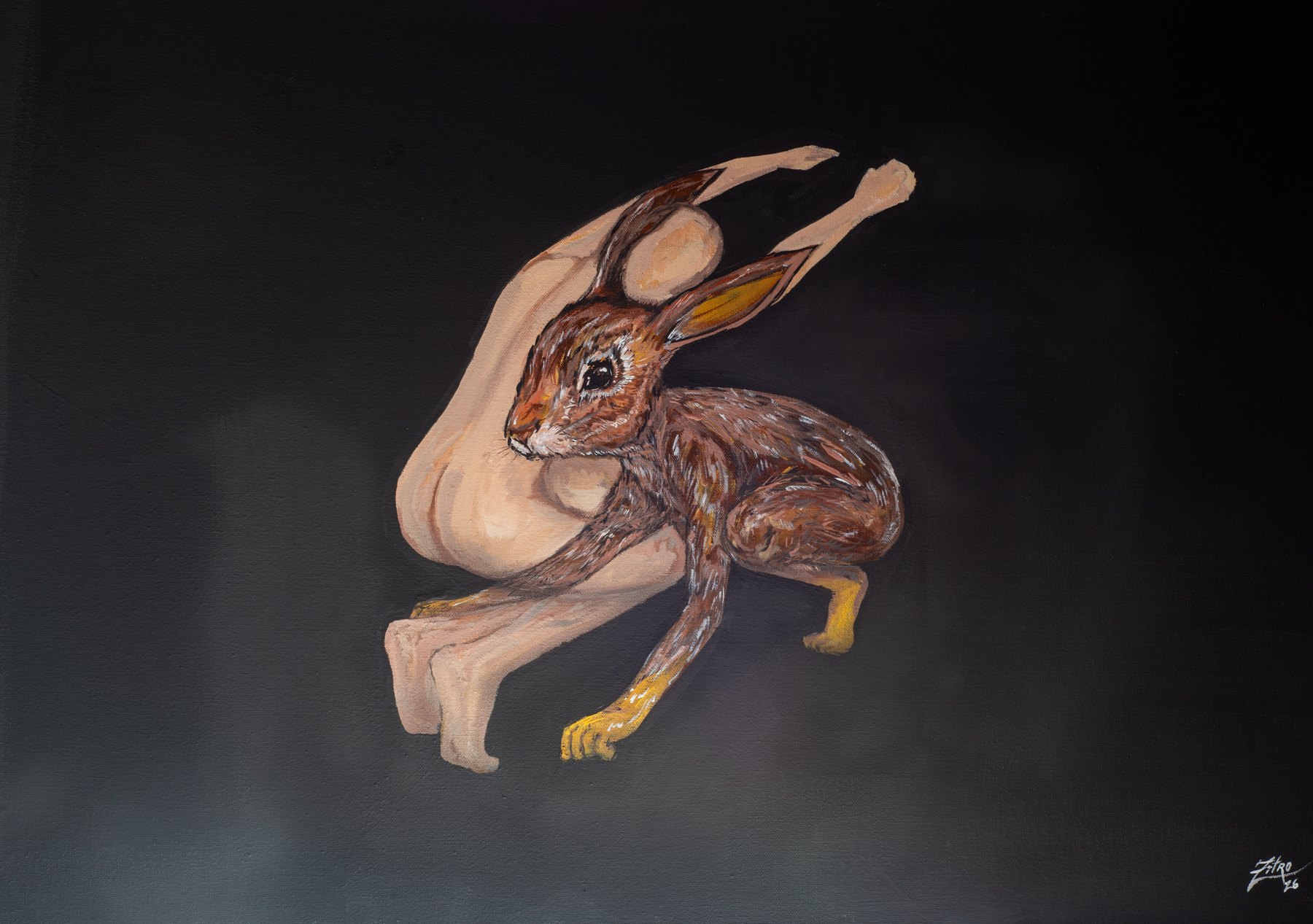 Pintura de un conejo compuesta por formas humanas sobre fondo oscuro